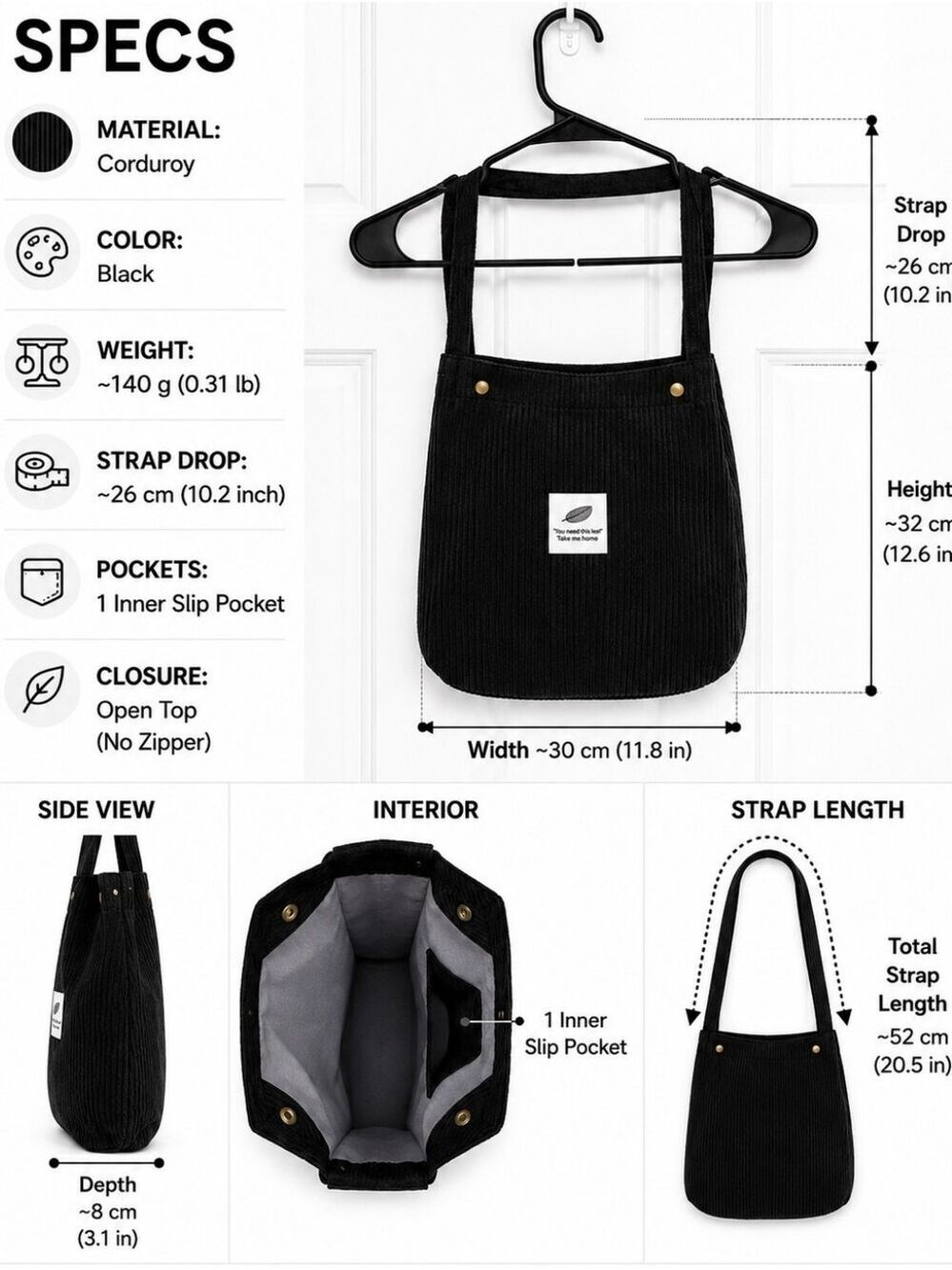 Black Corduroy Shoulder Tote with Front Patch - Picture 6 of 6